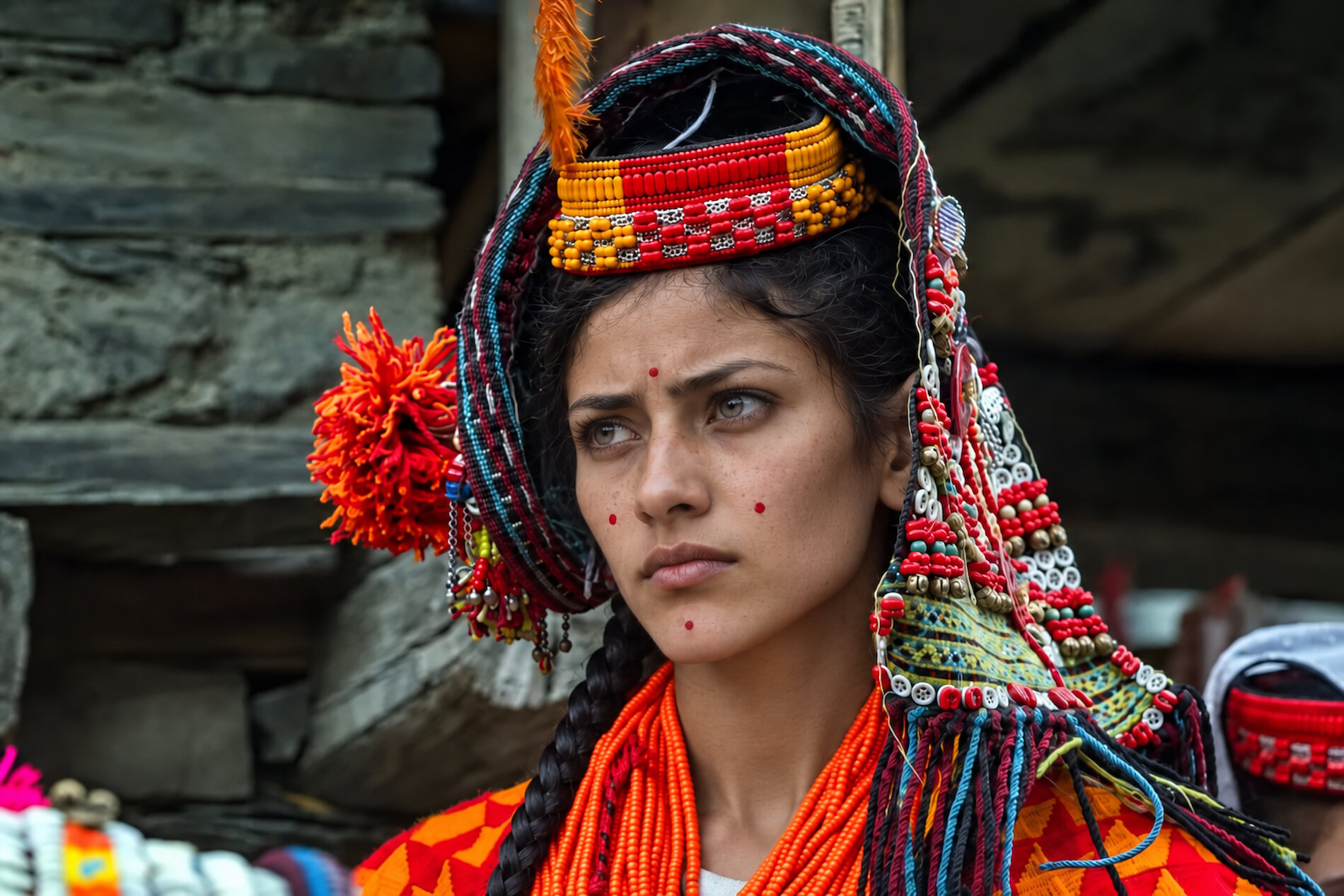 Portrait of a Kalasha woman looking directly at the camera
